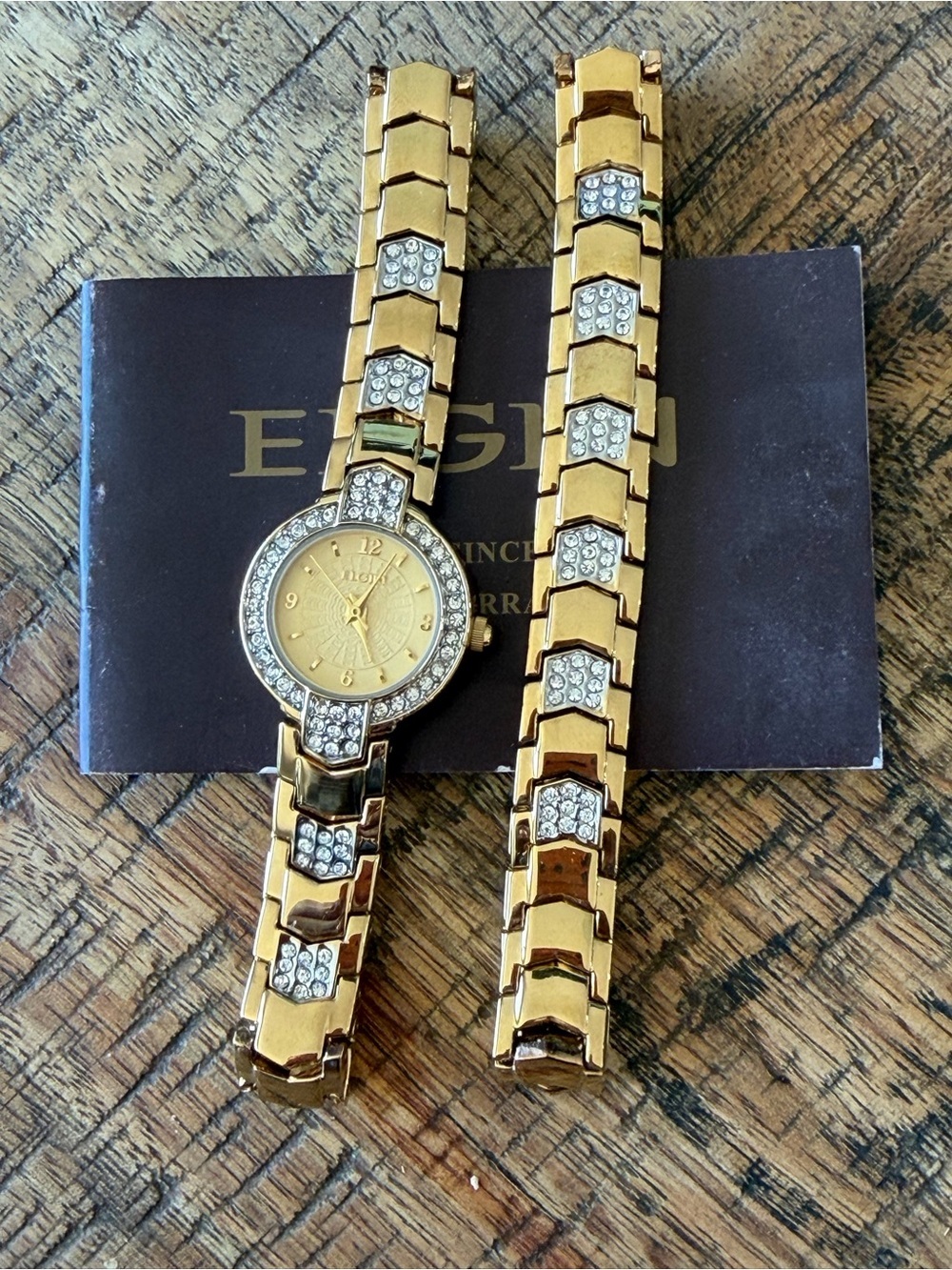 NEW! Vintage Elgin Gold-tone & Crystal Watch 23mm + Matching Bracelet Set